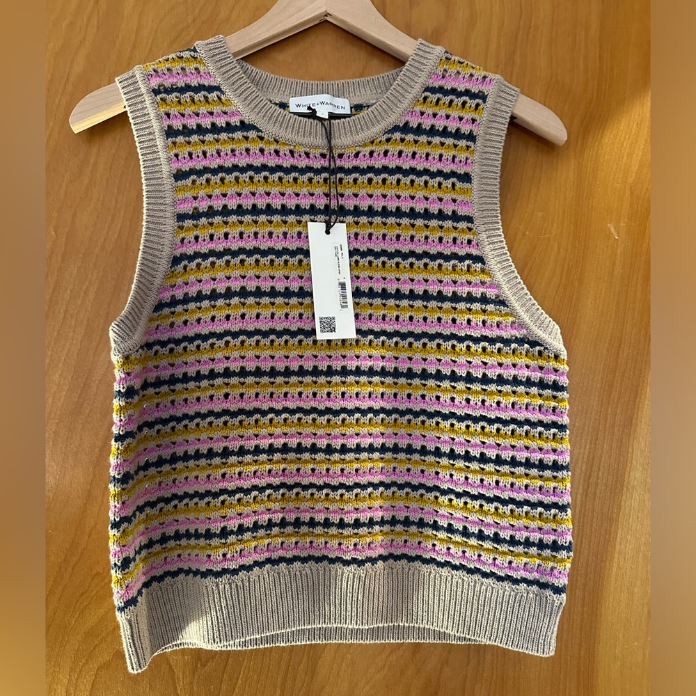 White + Warren Small Cotton Linen Blend Open Knit Striped Tank NWT, Multicolor